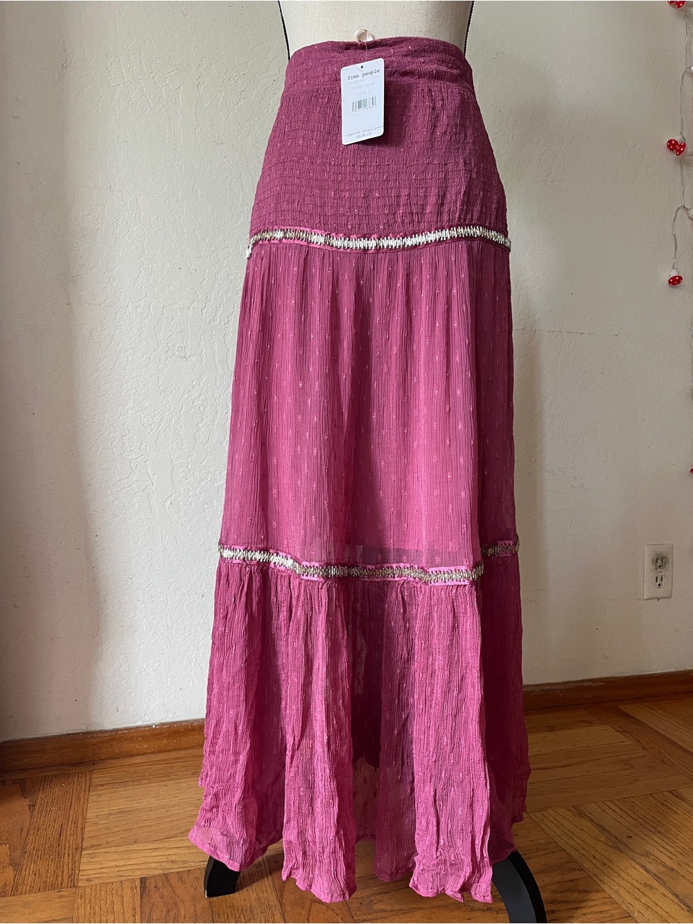 Free People Sugar Plum Smocked Maxi Skirt with Metallic Trim
